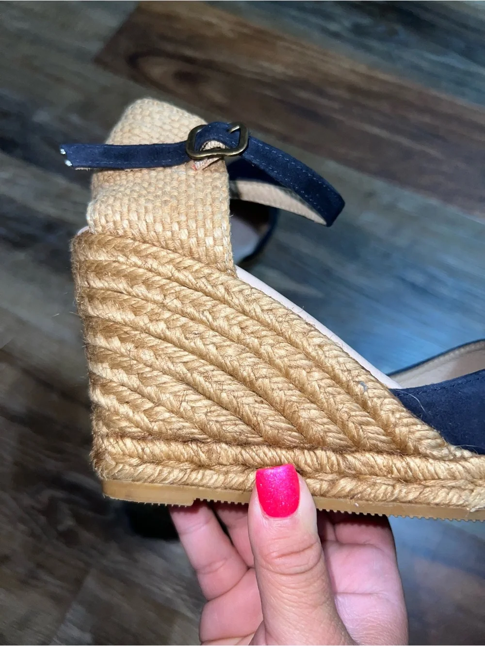 Gaimo Navy Blue Suede Espadrille Ankle Strap Wedge Sandals, Size 7.5